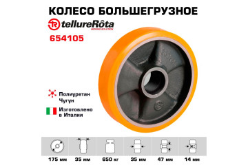 Колесо под ось Tellure Rota 654105 Ø 175 мм, г/п 650 кг, полиуретан TR, чугун, без подшипника