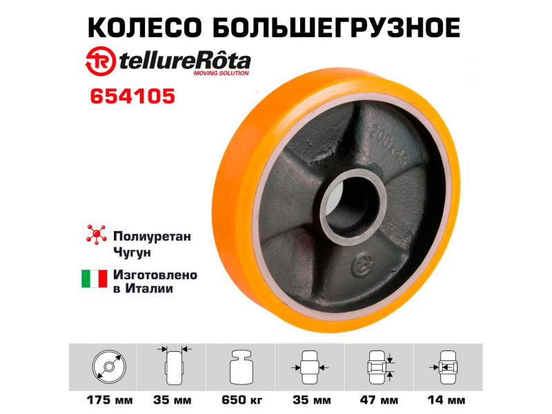 Колесо под ось Tellure Rota 654105 Ø 175 мм, г/п 650 кг, полиуретан TR, чугун, без подшипника