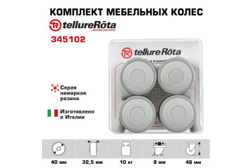 Комплект колес Tellure Rota 345102 из 4-х поворотных опор, Ø 40 мм, нагрузка 10кг, серая резина, полипропилен
