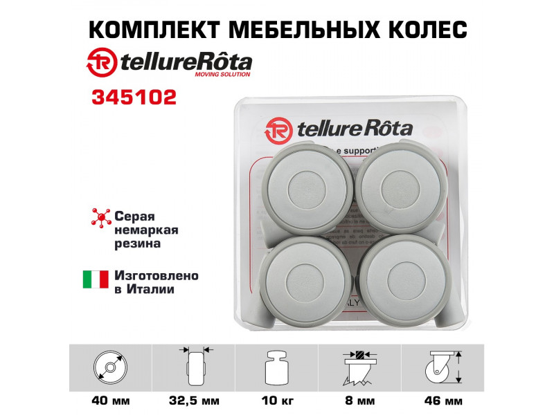 Комплект колес Tellure Rota 345102 из 4-х поворотных опор, Ø 40 мм, нагрузка 10кг, серая резина, полипропилен