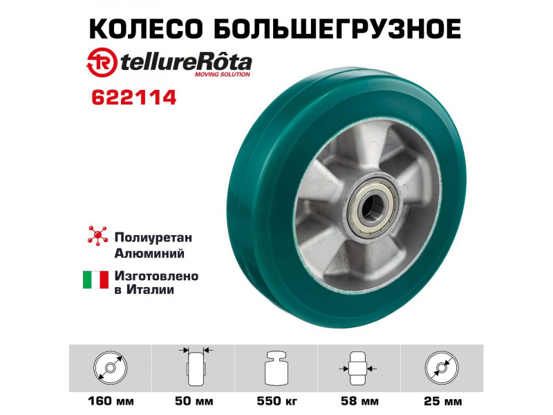 Колесо большегрузное полиуретановое 160 мм Tellure Rota 622114 под ось полиуретан TR-ROLL / алюминий