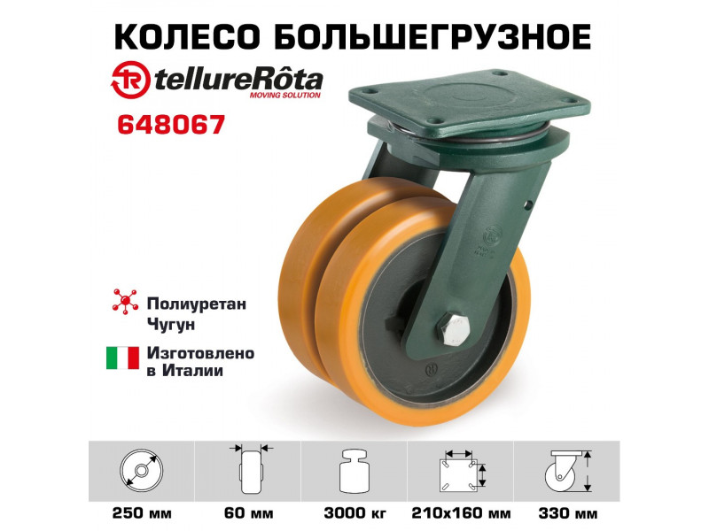Колесо большегрузное полиуретановое поворотное Tellure Rota 648067 диаметр 250 мм, нагрузка 3000 кг, чугунное