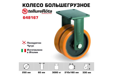 Колесо большегрузное полиуретановое неповоротное Tellure Rota 648167 диаметр 250 мм, нагрузка 3000 кг, чугунное