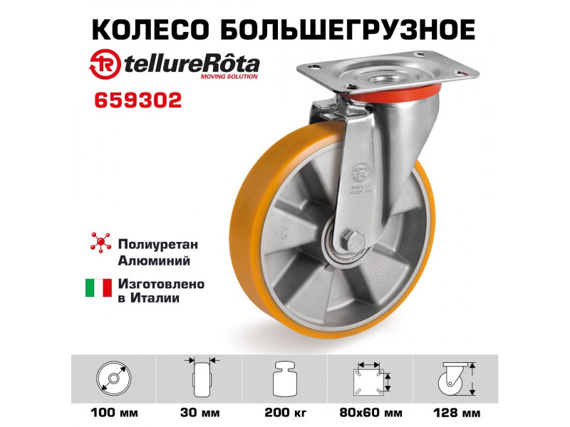 Колесо Tellure Rota 659302 поворотное, Ø 100 мм, нагрузка 200 кг, полиуретан/алюминий